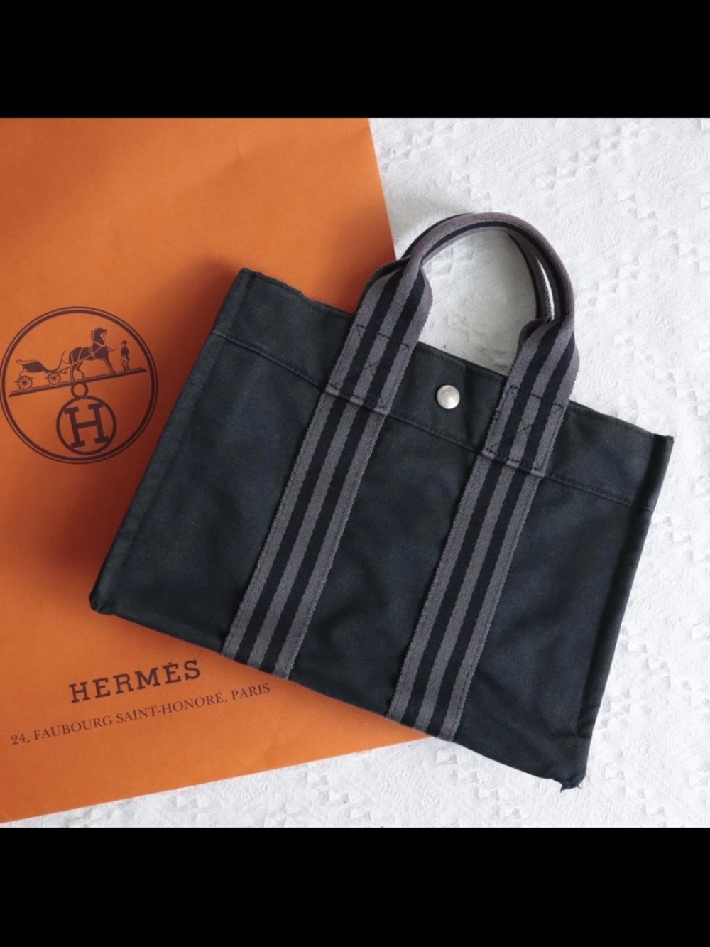 Hermes Black Canvas Messenger Tote with Gray Striped Handles